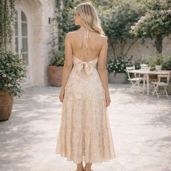 Fore Cream Floral Embroidered Maxi Sundress S Romantic Boho Resort Wedding Guest - Picture 2 of 10